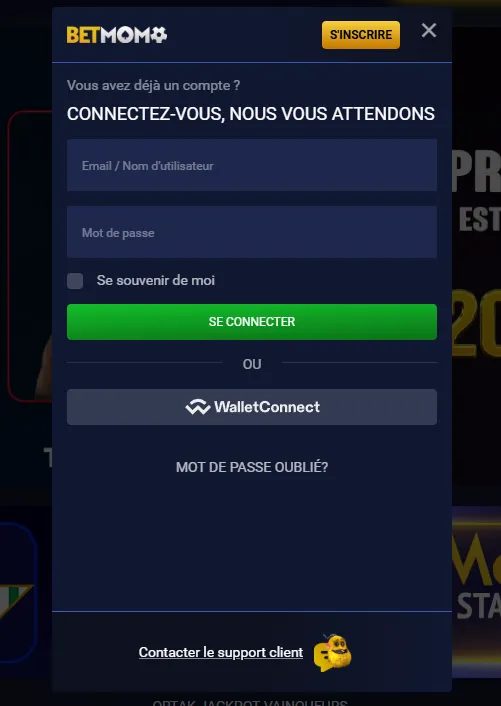Page de connexion Betmomo