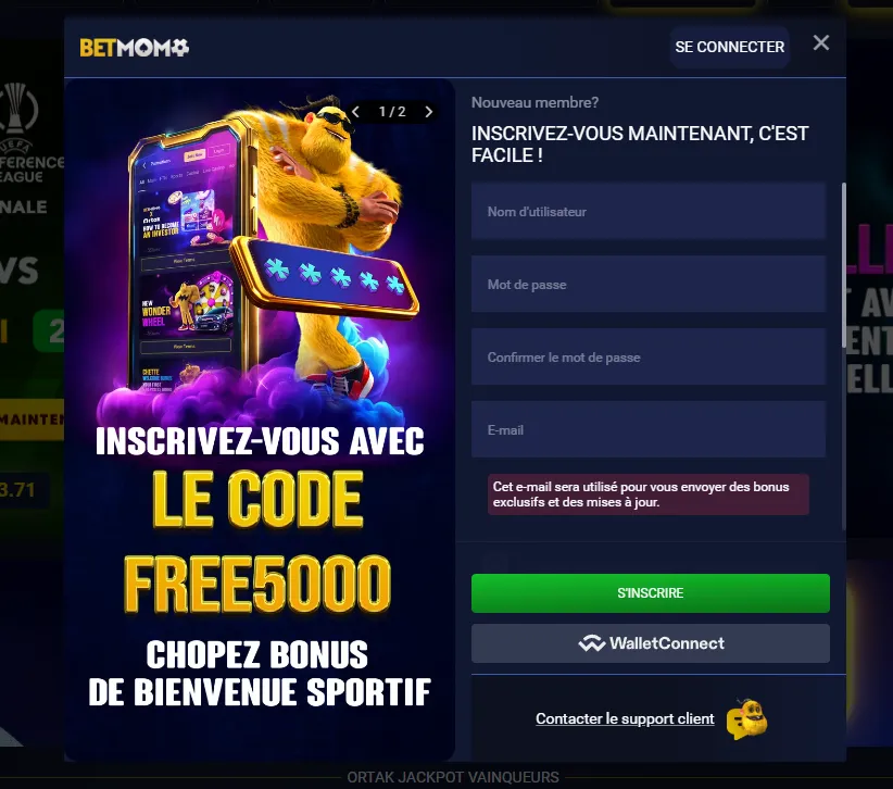 Processus d'inscription sur Betmomo